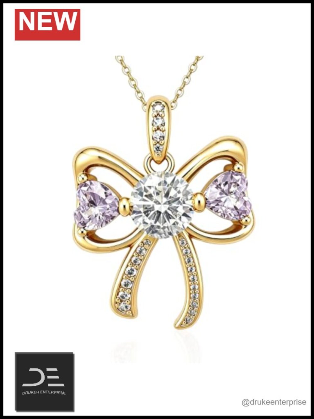 18K Gold Plated Bow Pendant Necklace with CZ Double Heart Gemstone
